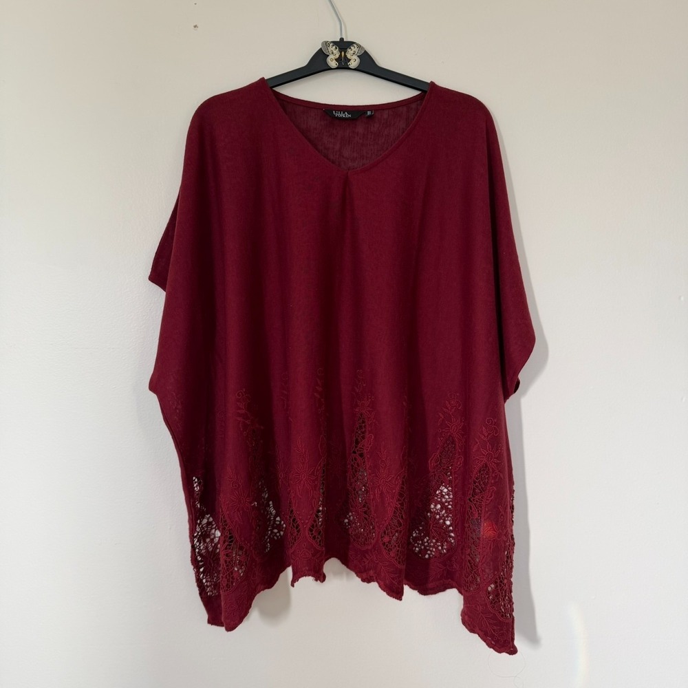 Ulla Popken Embroidered Pullover Poncho‎ Style Blouse Red Plus Size 2 Oversized - Picture 2 of 11
